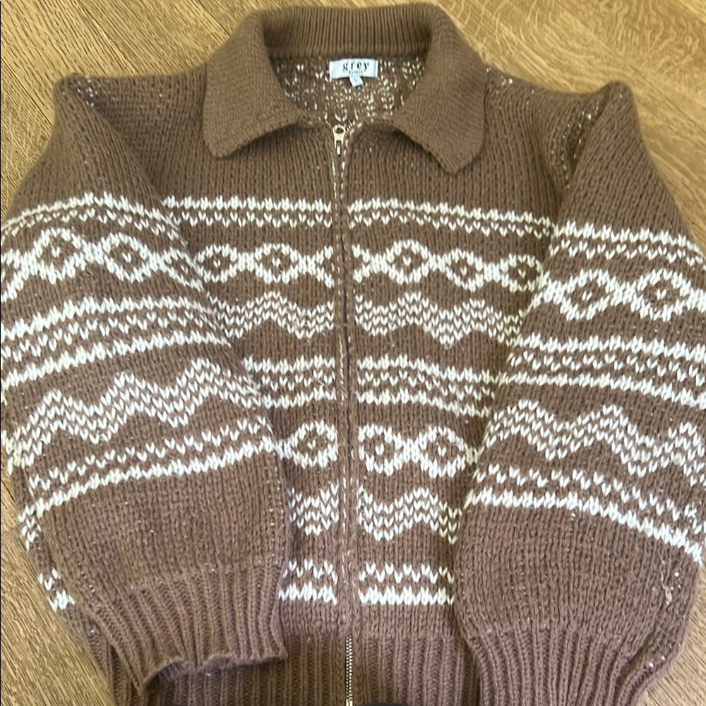 Brown and White Zip Up Sweater with Nordic Pattern